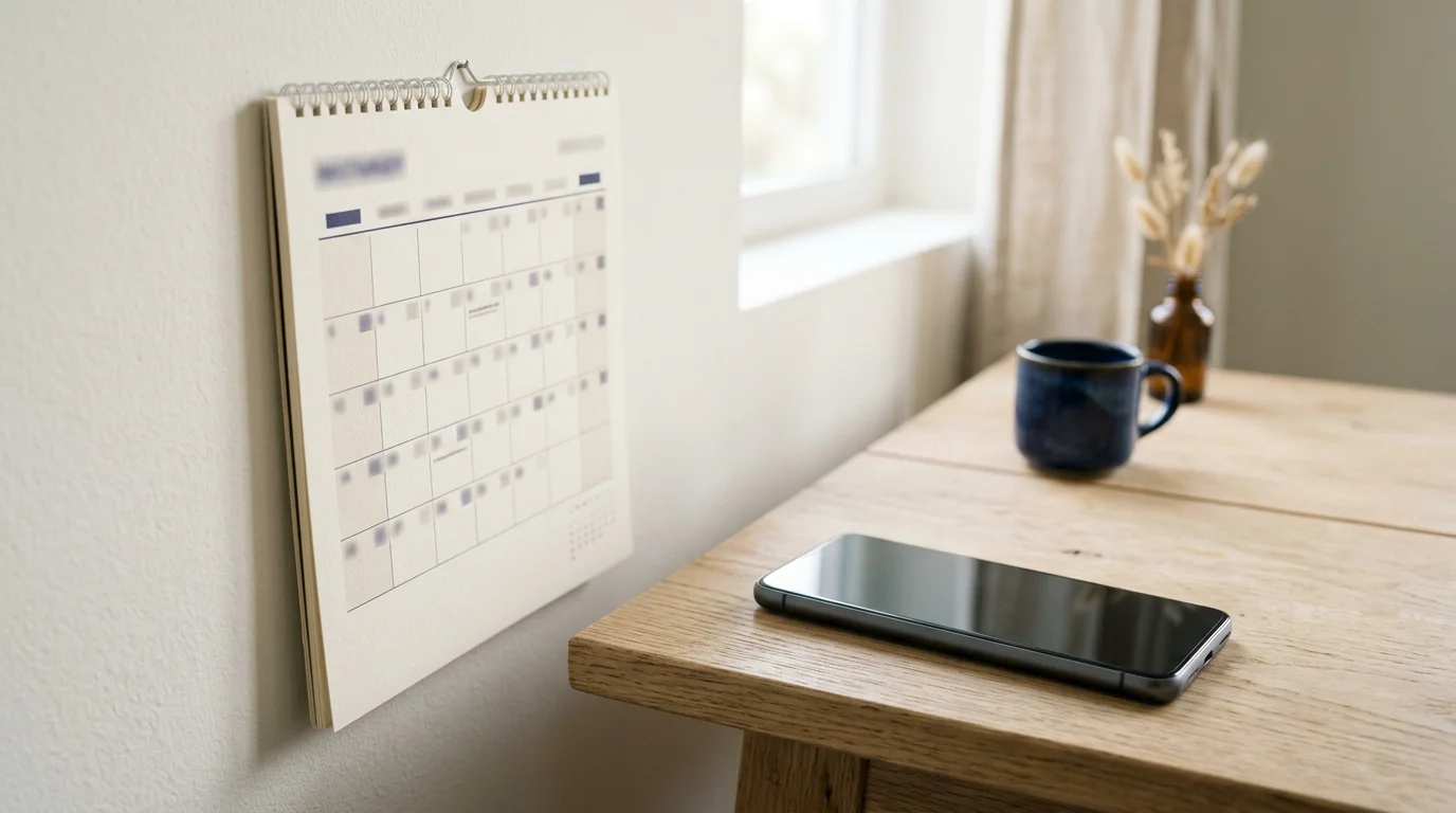 Wandkalender und digitale Erinnerung nebeneinander, Fristenplanung, 1376x768 Pixel, WebP