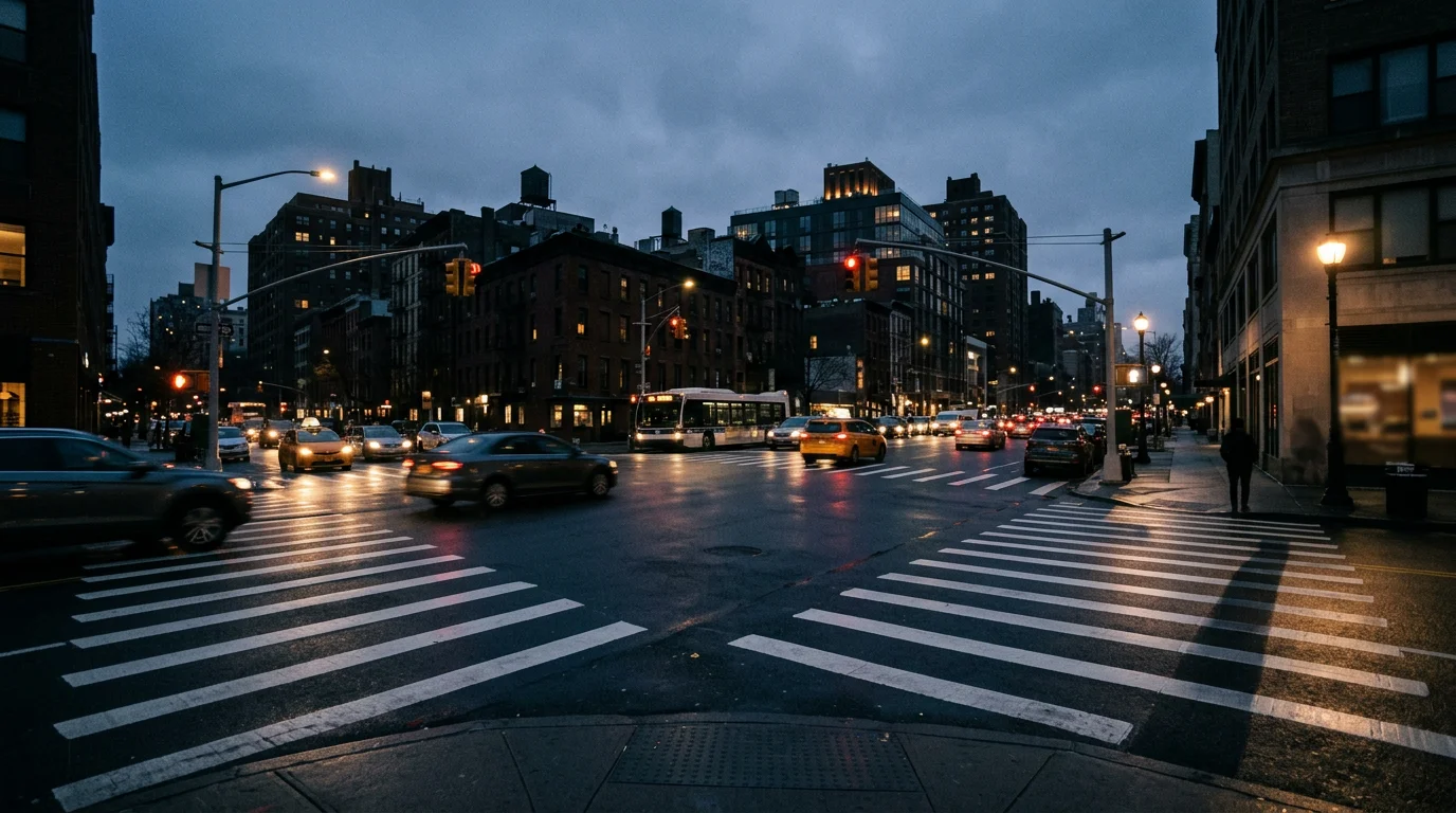 Verkehrskreuzung bei gedämpftem Licht, symbolisch für Haftungsfragen, 1376x768 Pixel, WebP