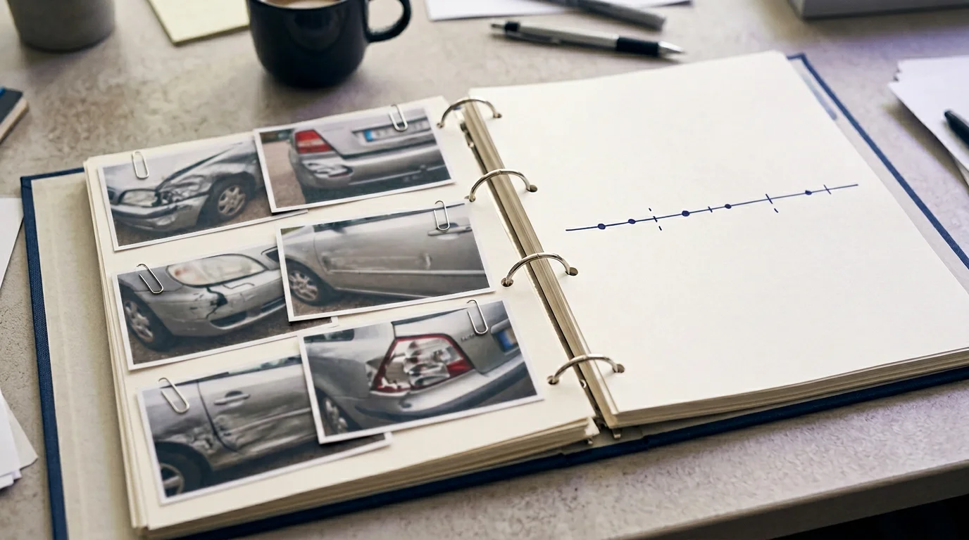 Ordner mit Fotodokumentation und handschriftlicher Zeitlinie, 1376x768 Pixel, WebP