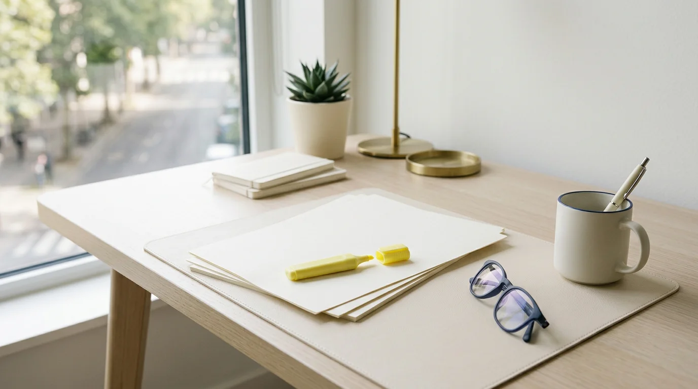 Arbeitsplatz mit Polisunterlagen und Hervorhebungen, 1376x768 Pixel, WebP